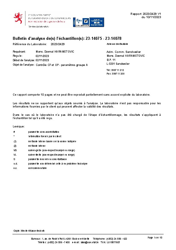 231113 Analyse eau potable Sandweiler