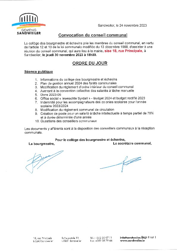 Convocation et ordre du jour de la séance du conseil communal du 30.11.2023