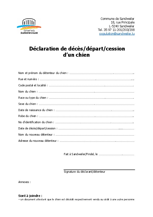 Déclaration chien - départ-décès