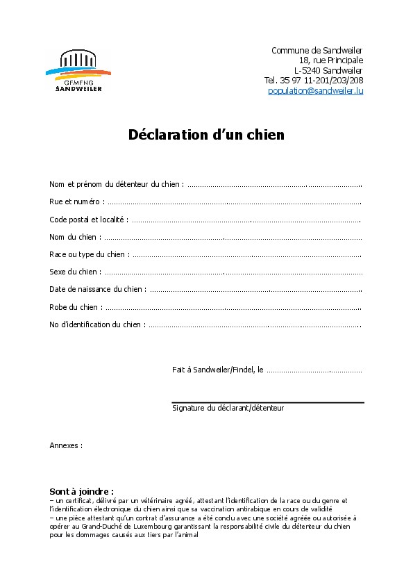 Déclaration chien - formulaire
