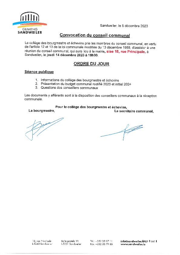 Convocation et ordre du jour de la séance du conseil communal du 14.12.2023