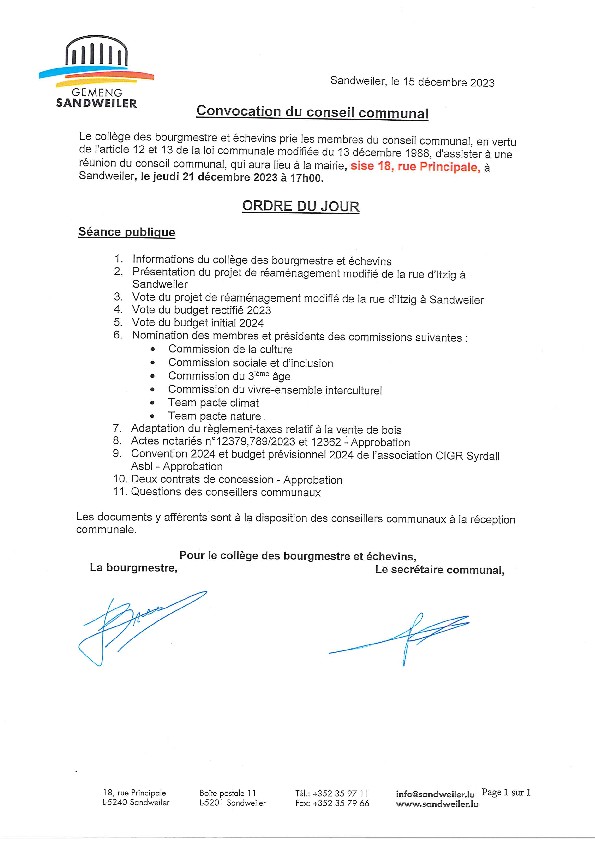 Convocation et ordre du jour de la séance du conseil communal du 21.12.2023