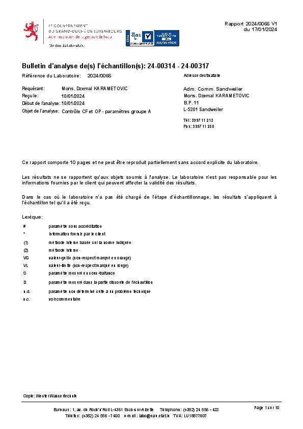 240117 Analyse eau potable Sandweiler