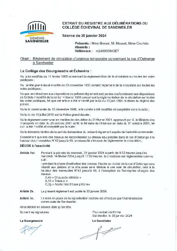 240130 rc2400008rOET - Règlement de circulation - chaussée rétrécie et trottoir supprimé