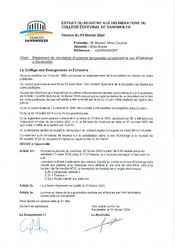 240201 rc2400009rOET - Règlement de circulation - chaussée rétrécie et trottoir supprimé