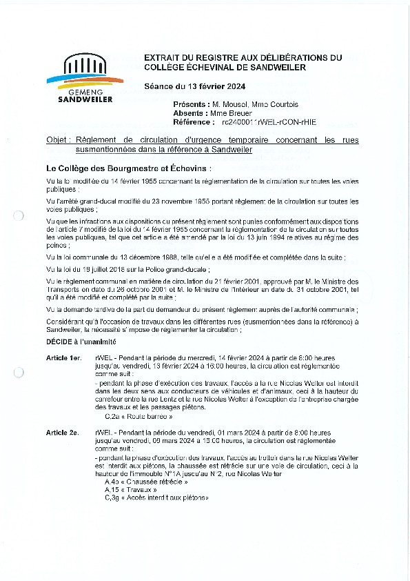 240213 rc2400011rWEL-rCON-rHIE - Règlement de circulation - plusieurs rues