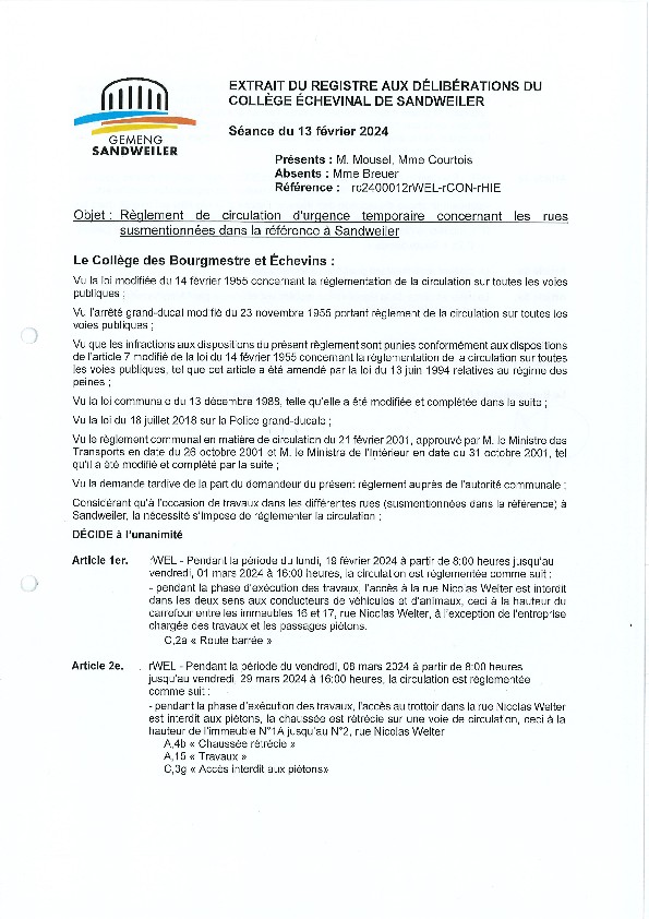 240213 rc2400012rWEL-rCON-rHIE - Règlement de circulation - plusieurs rues