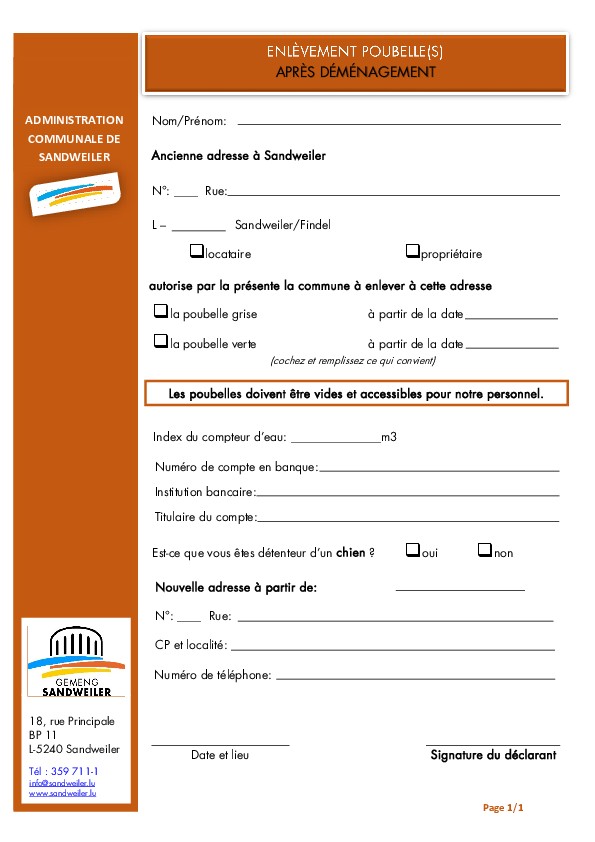 Demande pour enlèvement poubelle(s)