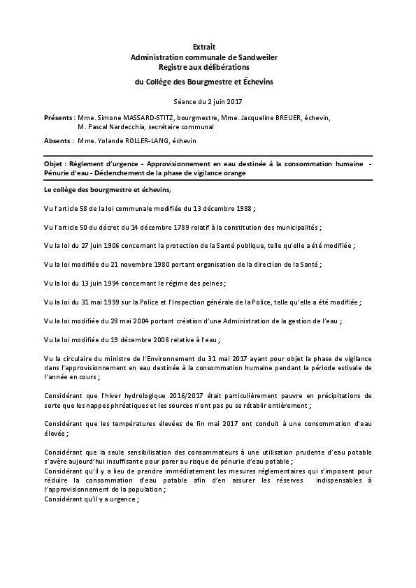 Déclenchement phase organge - Extrait Approvisionnement eau (Sandweiler)