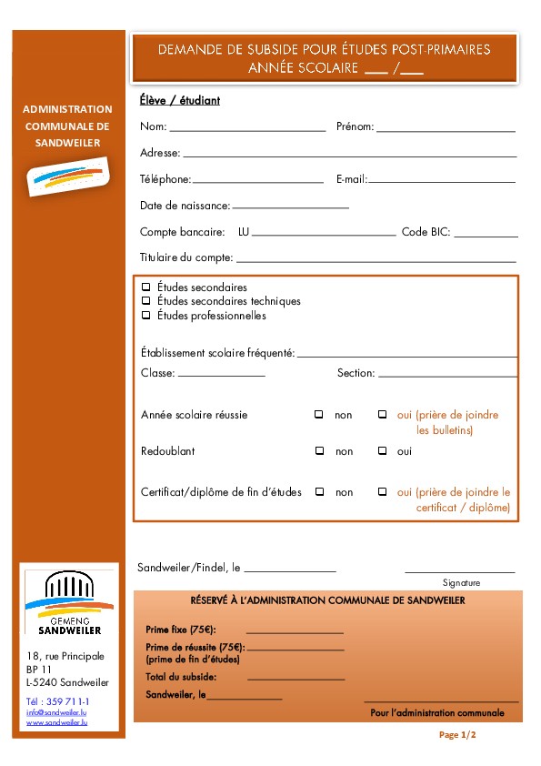 Demande subside pour études post-primaires