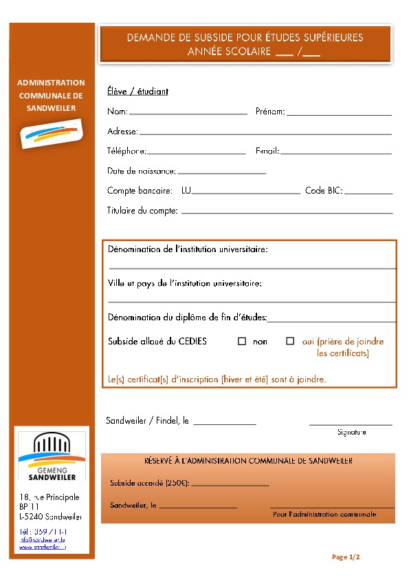 Demande subside pour études supérieures