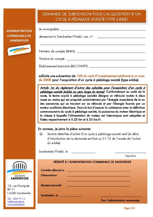 Demande Subside e-Bike