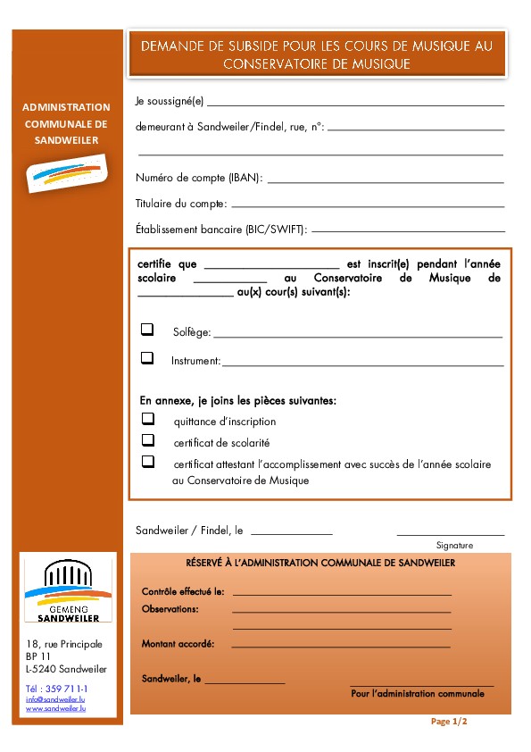 Demande subside pour les cours de musique au conservatoire de musique (Sandweiler)