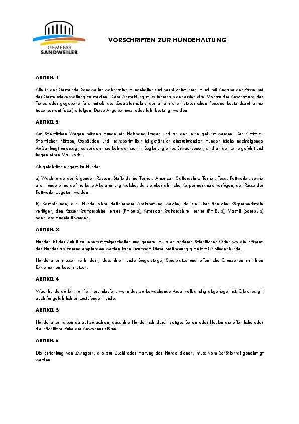 Règlement - Vorschriften zur Hundehaltung (Sandweiler)