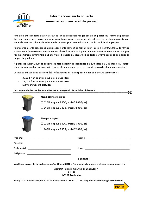 Poubelles jaune (pour verre creux) et bleu (pour papier)