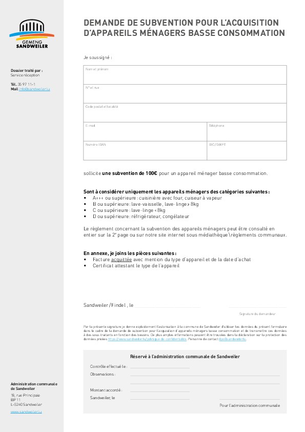 Formulaire - Subvention appareils ménagers basse consommation