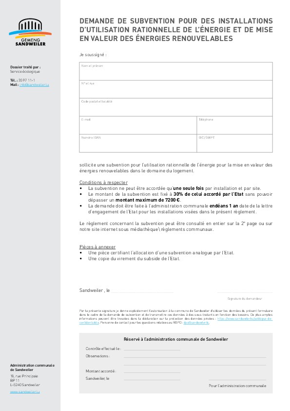 Formulaire - Subvention installations d