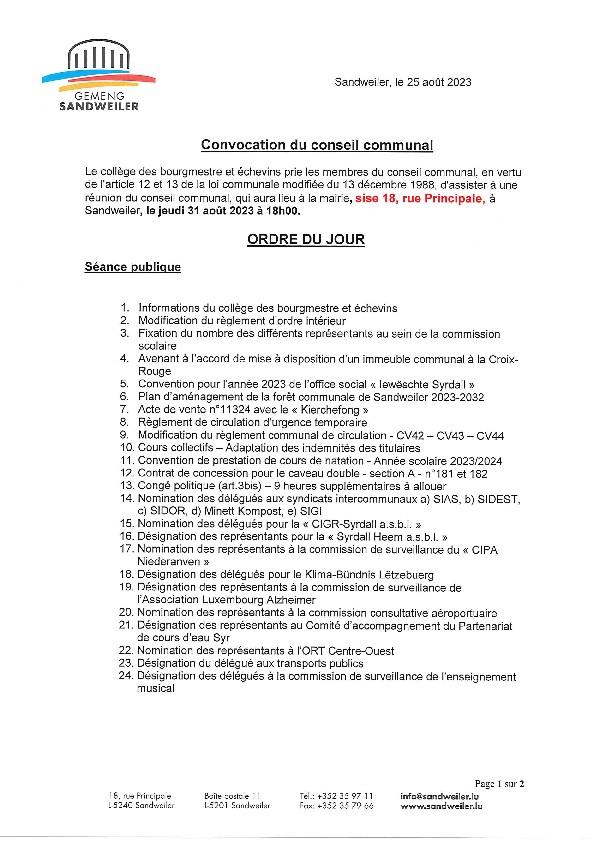 Convocation et ordre du jour de la séance du conseil communal du 31.08.2023