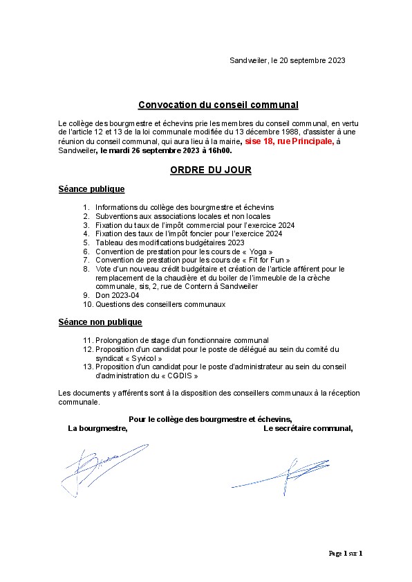 Convocation et ordre du jour de la séance du conseil communal du 26.09.2023