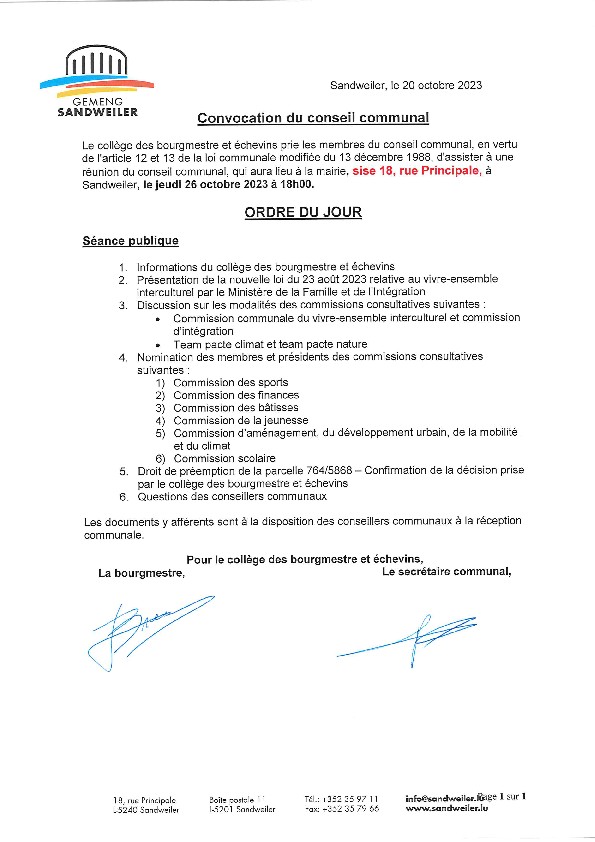 Convocation et ordre du jour de la séance du conseil communal du 26.10.2023